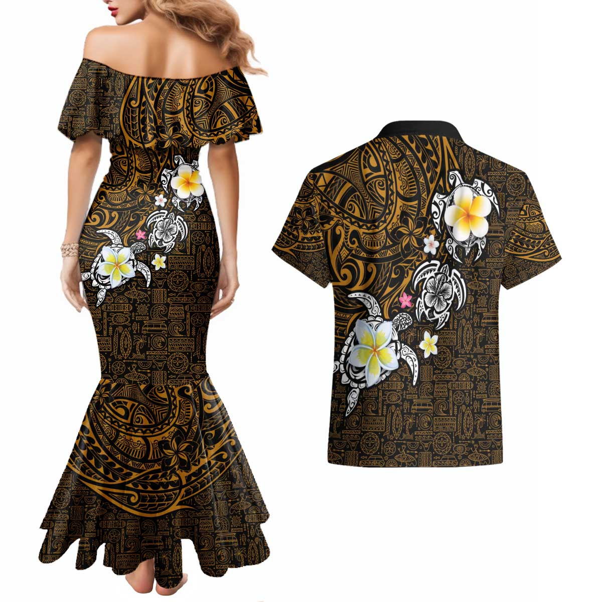 Hawaiian Turtle and Plumeria Couples Matching Mermaid Dress and Hawaiian Shirt Polynesian Tattoo and Tribal Elements Pattern Orange Color LT03 - Polynesian Pride