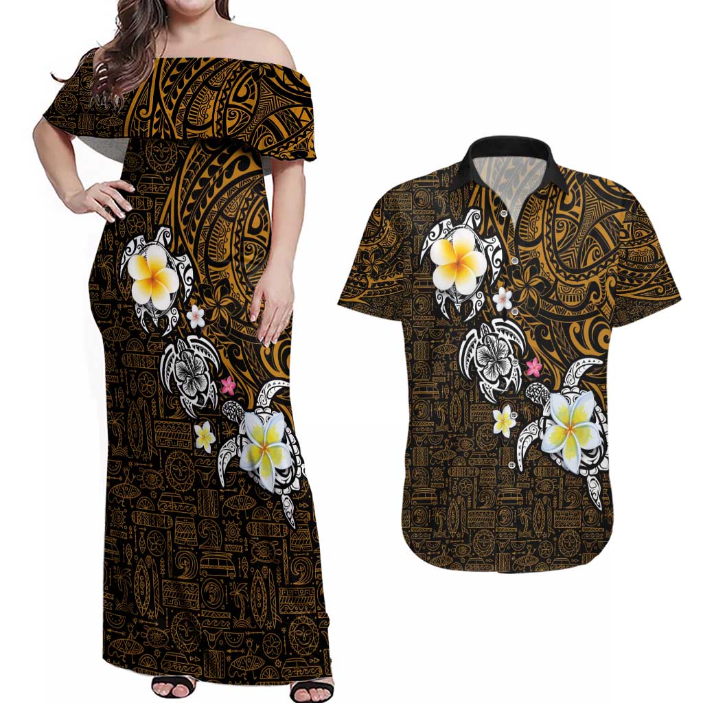 Hawaiian Turtle and Plumeria Couples Matching Off Shoulder Maxi Dress and Hawaiian Shirt Polynesian Tattoo and Tribal Elements Pattern Orange Color LT03 Orange - Polynesian Pride