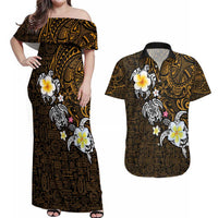Hawaiian Turtle and Plumeria Couples Matching Off Shoulder Maxi Dress and Hawaiian Shirt Polynesian Tattoo and Tribal Elements Pattern Orange Color LT03 Orange - Polynesian Pride