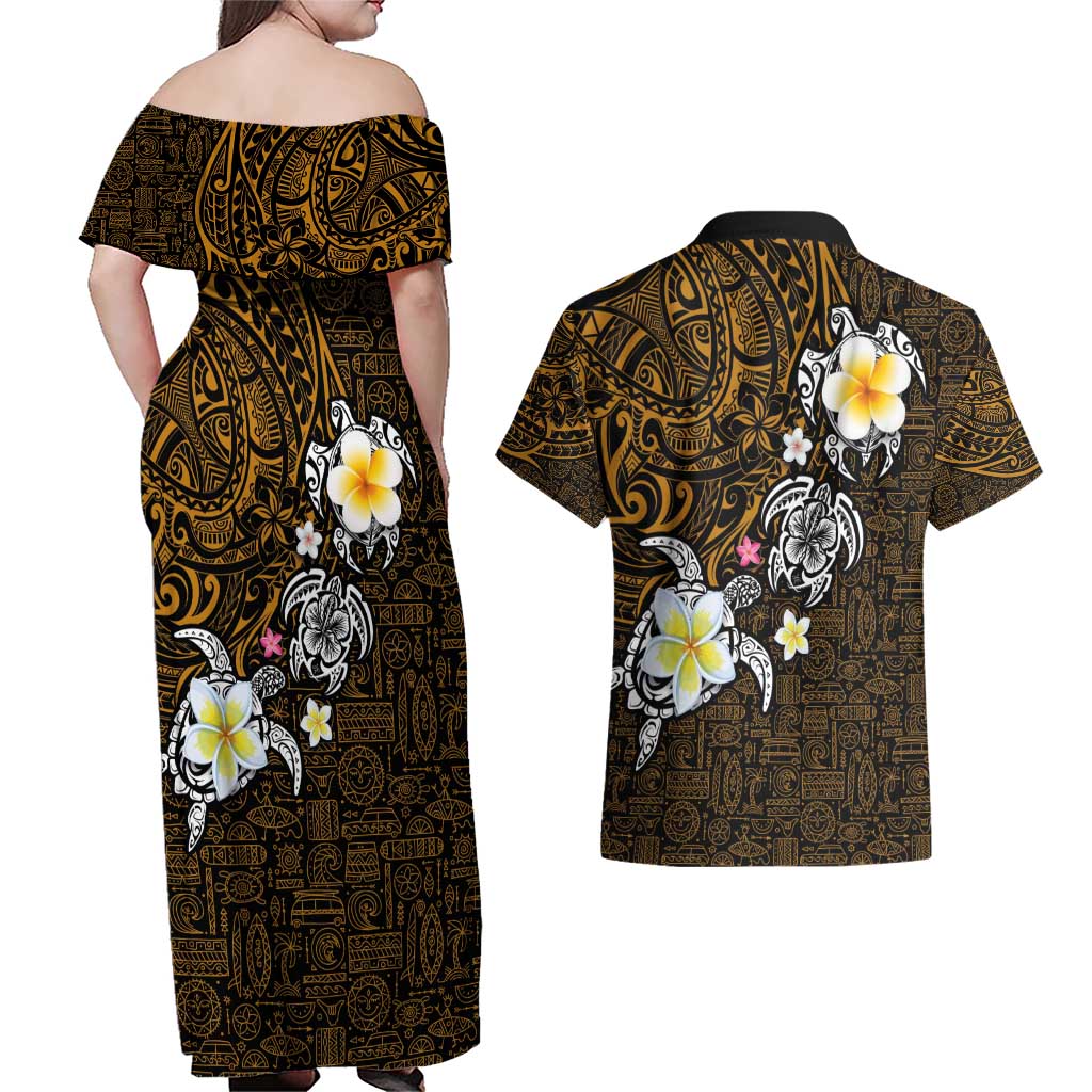 Hawaiian Turtle and Plumeria Couples Matching Off Shoulder Maxi Dress and Hawaiian Shirt Polynesian Tattoo and Tribal Elements Pattern Orange Color LT03 - Polynesian Pride