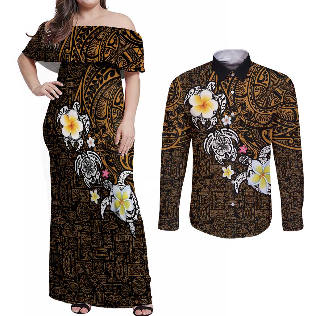 Hawaiian Turtle and Plumeria Couples Matching Off Shoulder Maxi Dress and Long Sleeve Button Shirt Polynesian Tattoo and Tribal Elements Pattern Orange Color