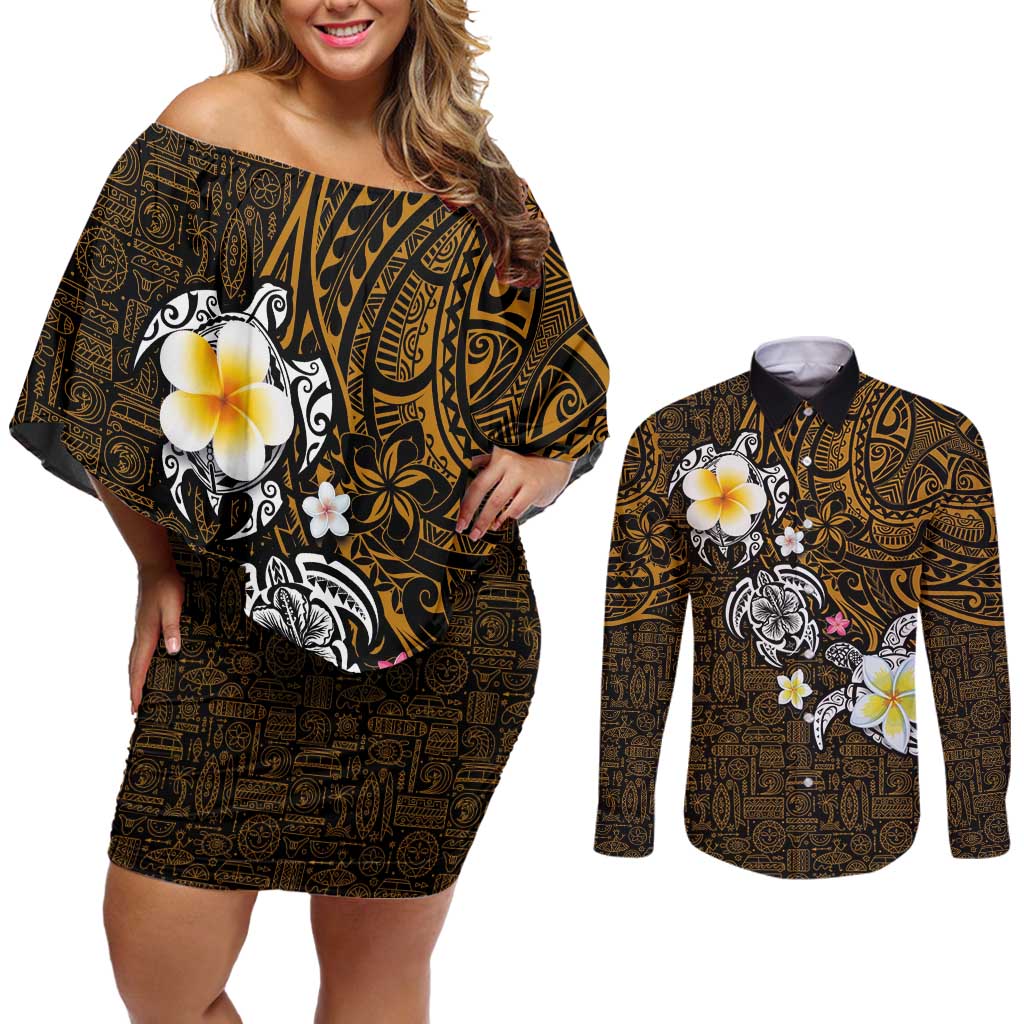 Hawaiian Turtle and Plumeria Couples Matching Off Shoulder Short Dress and Long Sleeve Button Shirt Polynesian Tattoo and Tribal Elements Pattern Orange Color