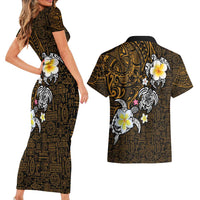 Hawaiian Turtle and Plumeria Couples Matching Short Sleeve Bodycon Dress and Hawaiian Shirt Polynesian Tattoo and Tribal Elements Pattern Orange Color LT03 - Polynesian Pride