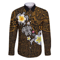 Hawaiian Turtle and Plumeria Family Matching Long Sleeve Bodycon Dress and Hawaiian Shirt Polynesian Tattoo and Tribal Elements Pattern Orange Color