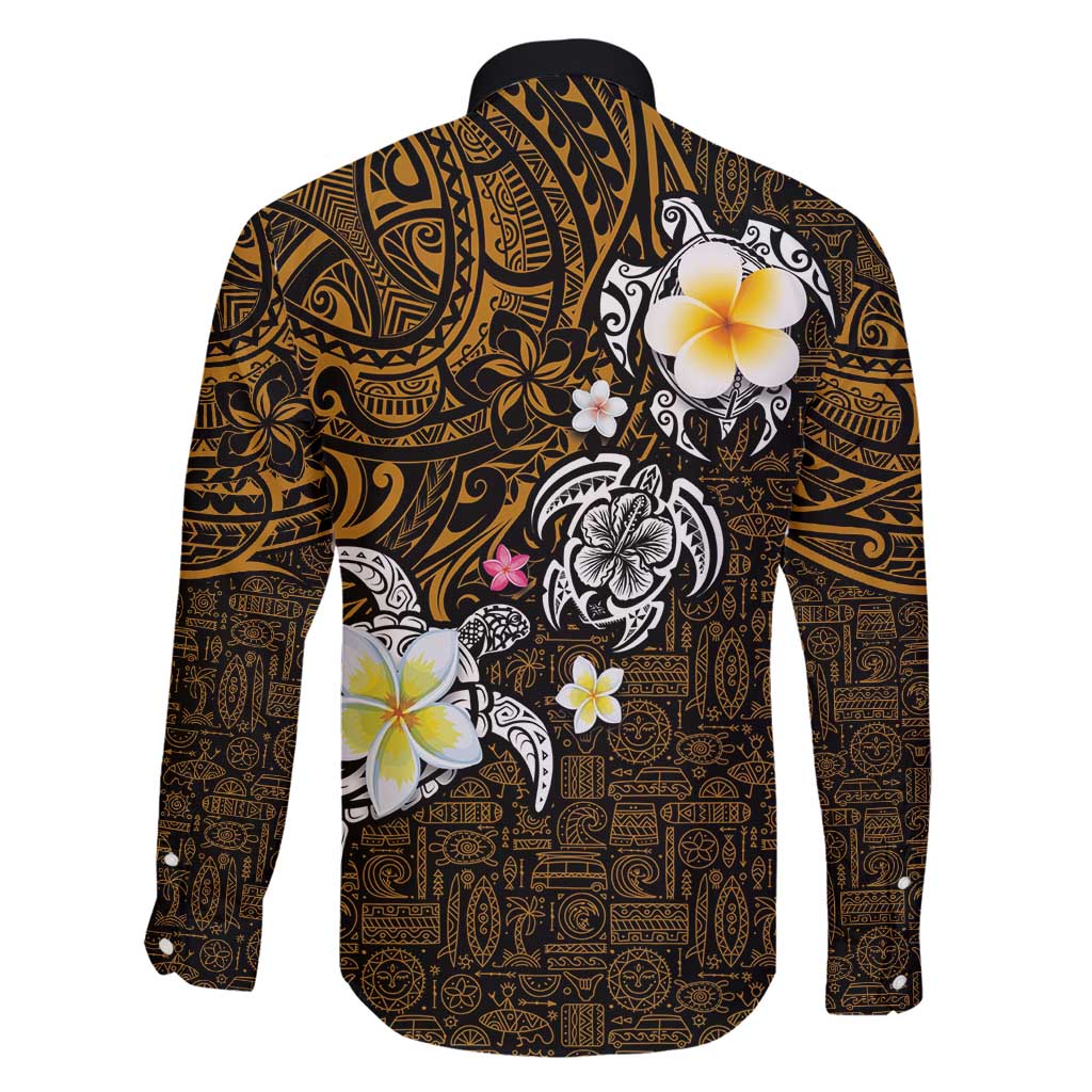 Hawaiian Turtle and Plumeria Family Matching Long Sleeve Bodycon Dress and Hawaiian Shirt Polynesian Tattoo and Tribal Elements Pattern Orange Color