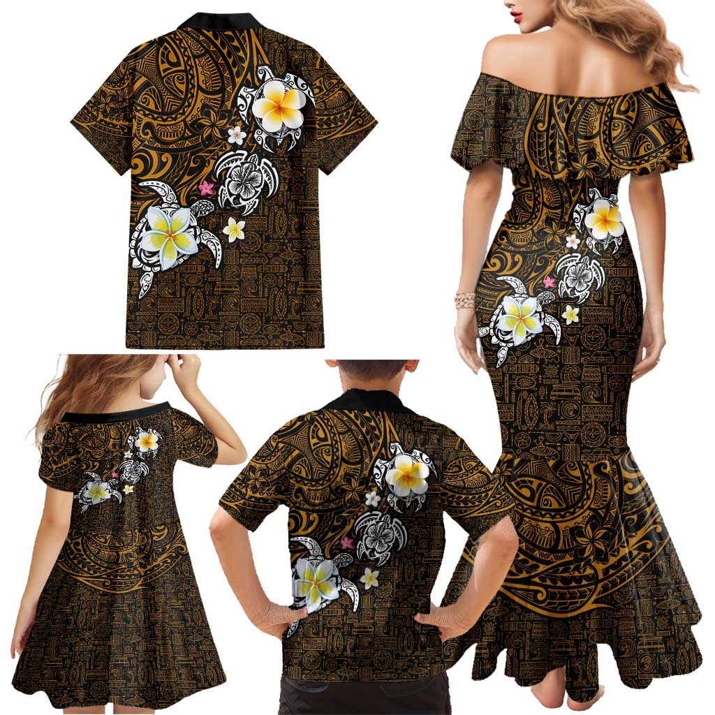 Hawaiian Turtle and Plumeria Family Matching Mermaid Dress and Hawaiian Shirt Polynesian Tattoo and Tribal Elements Pattern Orange Color LT03 - Polynesian Pride