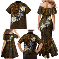 Hawaiian Turtle and Plumeria Family Matching Mermaid Dress and Hawaiian Shirt Polynesian Tattoo and Tribal Elements Pattern Orange Color LT03 - Polynesian Pride