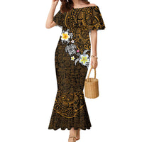 Hawaiian Turtle and Plumeria Family Matching Mermaid Dress and Hawaiian Shirt Polynesian Tattoo and Tribal Elements Pattern Orange Color LT03 Mom's Dress Orange - Polynesian Pride