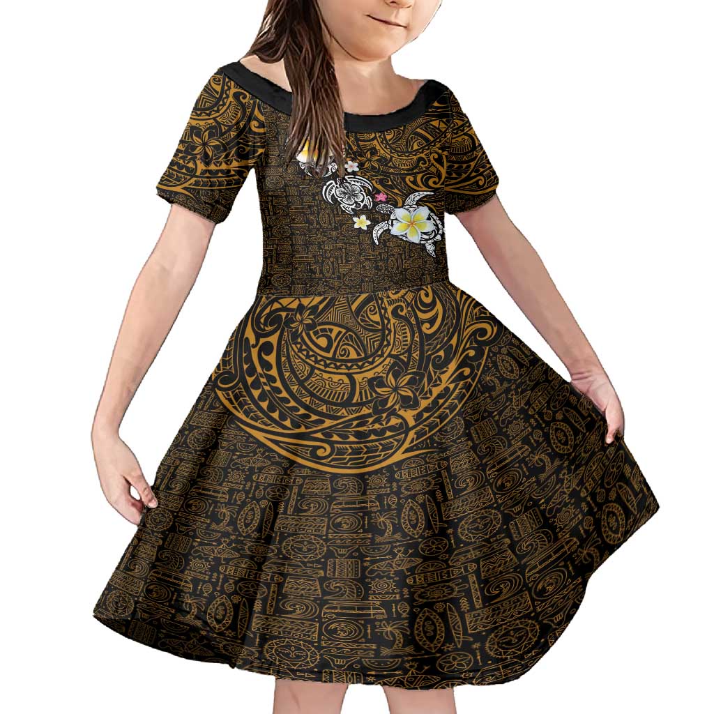 Hawaiian Turtle and Plumeria Family Matching Off Shoulder Maxi Dress and Hawaiian Shirt Polynesian Tattoo and Tribal Elements Pattern Orange Color LT03 Daughter's Dress Orange - Polynesian Pride
