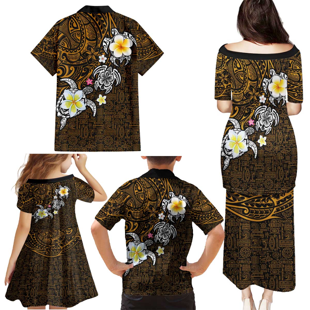 Hawaiian Turtle and Plumeria Family Matching Puletasi and Hawaiian Shirt Polynesian Tattoo and Tribal Elements Pattern Orange Color LT03 - Polynesian Pride