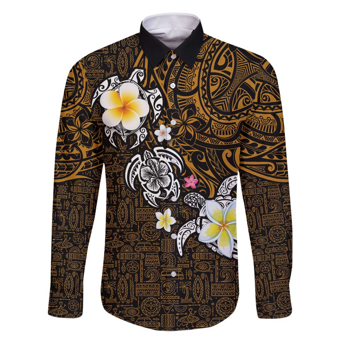 Hawaiian Turtle and Plumeria Family Matching Puletasi and Hawaiian Shirt Polynesian Tattoo and Tribal Elements Pattern Orange Color LT03 Dad's Shirt - Long Sleeve Orange - Polynesian Pride