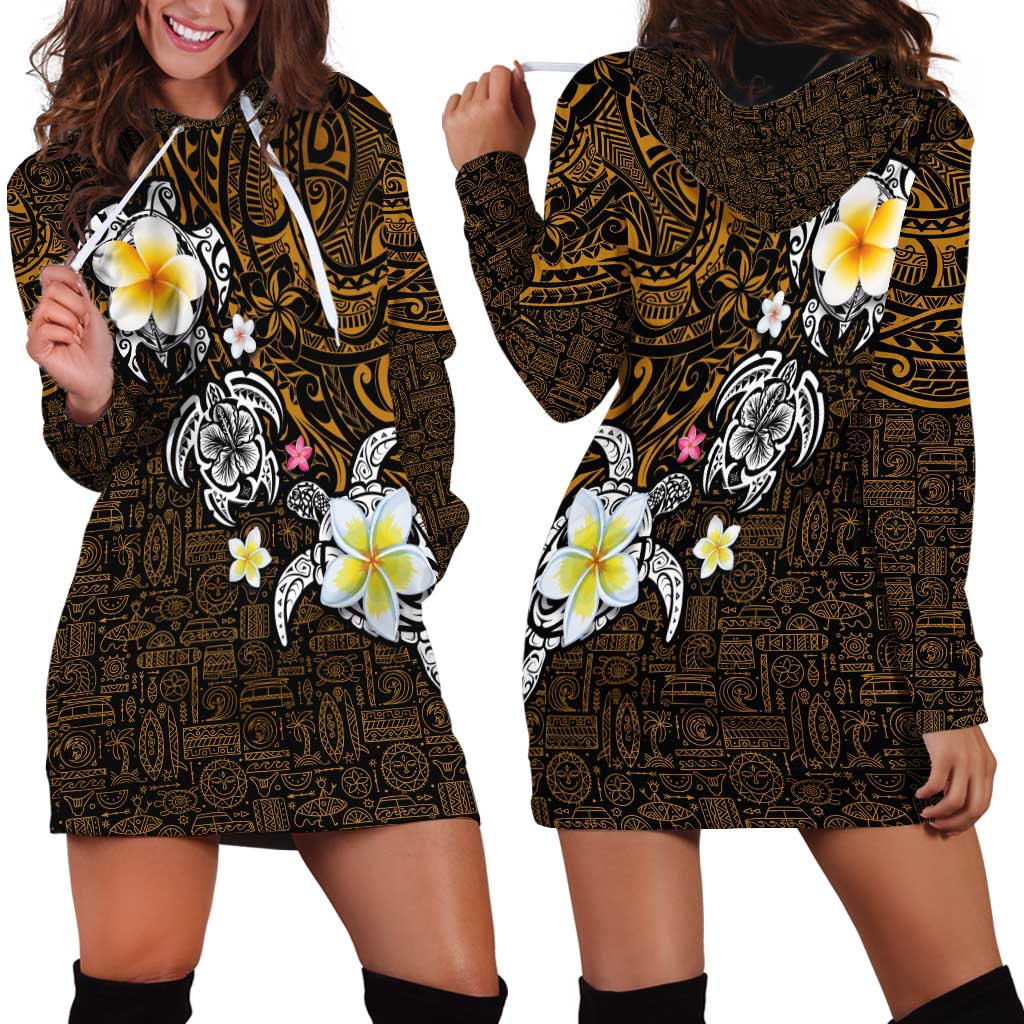 Hawaiian Turtle and Plumeria Hoodie Dress Polynesian Tattoo and Tribal Elements Pattern Orange Color LT03 - Polynesian Pride