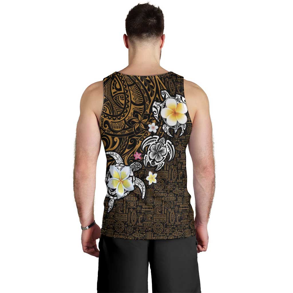 Hawaiian Turtle and Plumeria Men Tank Top Polynesian Tattoo and Tribal Elements Pattern Orange Color