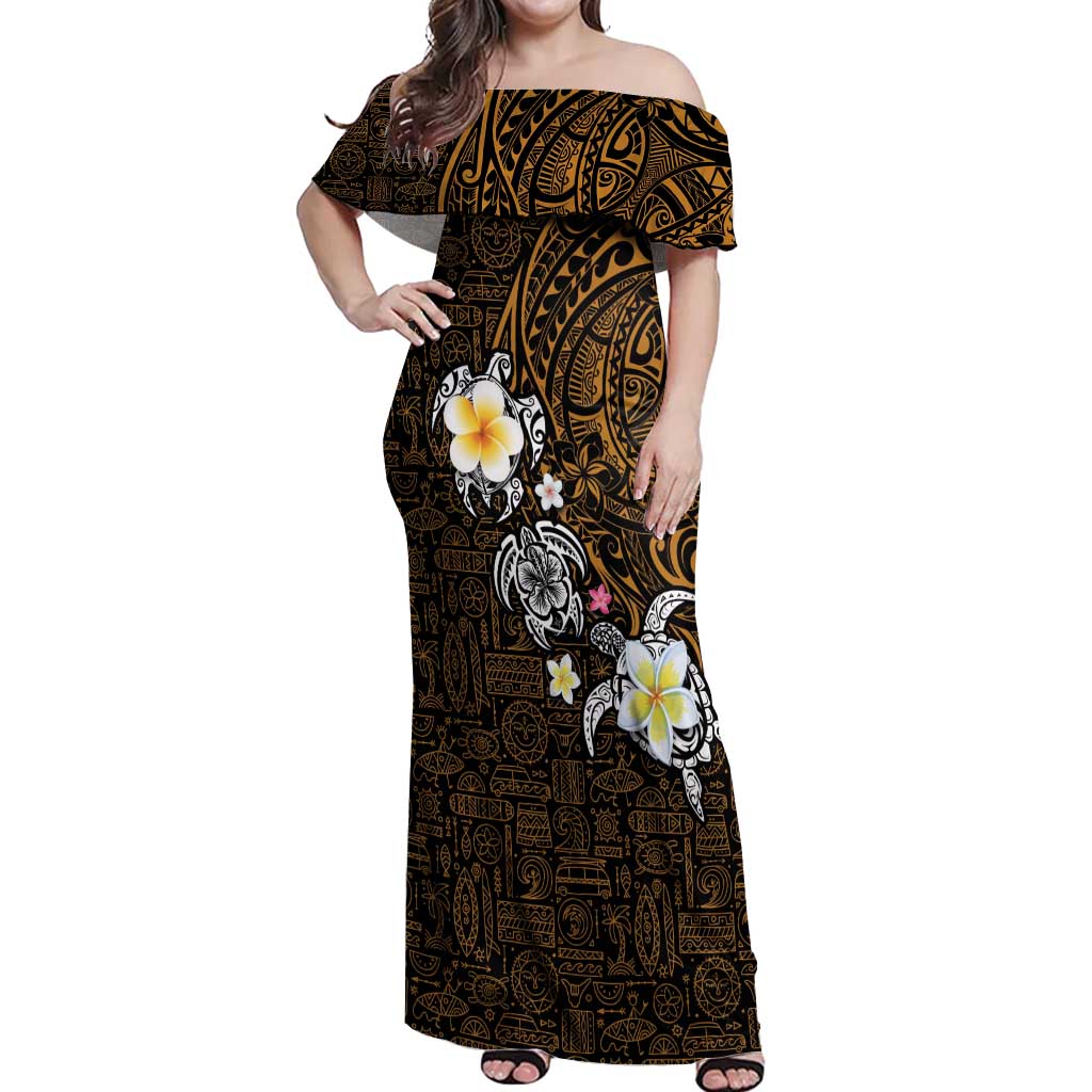 Hawaiian Turtle and Plumeria Off Shoulder Maxi Dress Polynesian Tattoo and Tribal Elements Pattern Orange Color LT03 Women Orange - Polynesian Pride