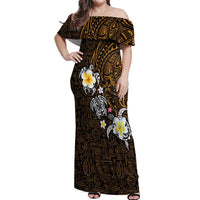 Hawaiian Turtle and Plumeria Off Shoulder Maxi Dress Polynesian Tattoo and Tribal Elements Pattern Orange Color LT03 Women Orange - Polynesian Pride