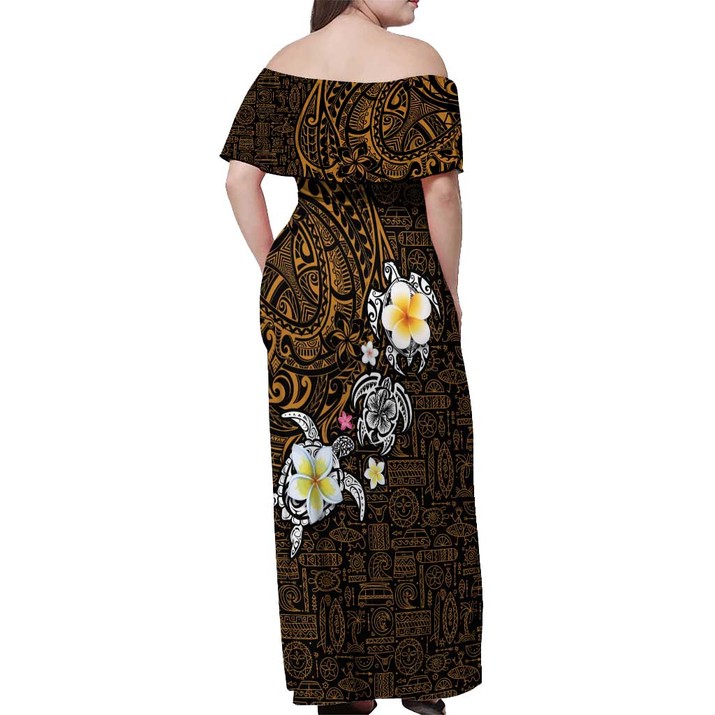 Hawaiian Turtle and Plumeria Off Shoulder Maxi Dress Polynesian Tattoo and Tribal Elements Pattern Orange Color LT03 - Polynesian Pride