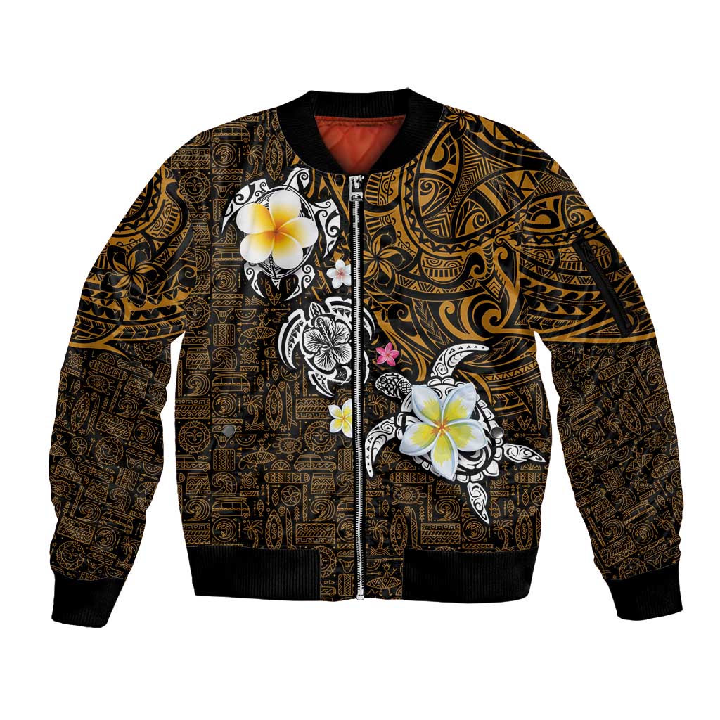 Hawaiian Turtle and Plumeria Sleeve Zip Bomber Jacket Polynesian Tattoo and Tribal Elements Pattern Orange Color LT03 Unisex Orange - Polynesian Pride