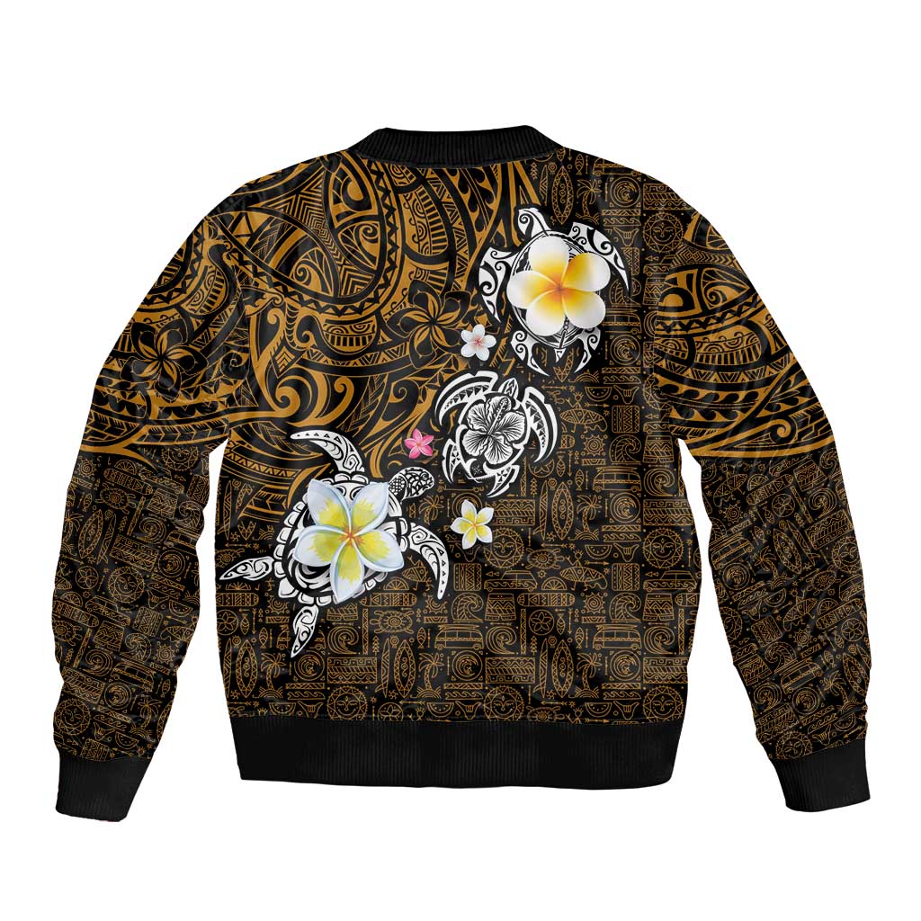 Hawaiian Turtle and Plumeria Sleeve Zip Bomber Jacket Polynesian Tattoo and Tribal Elements Pattern Orange Color LT03 - Polynesian Pride