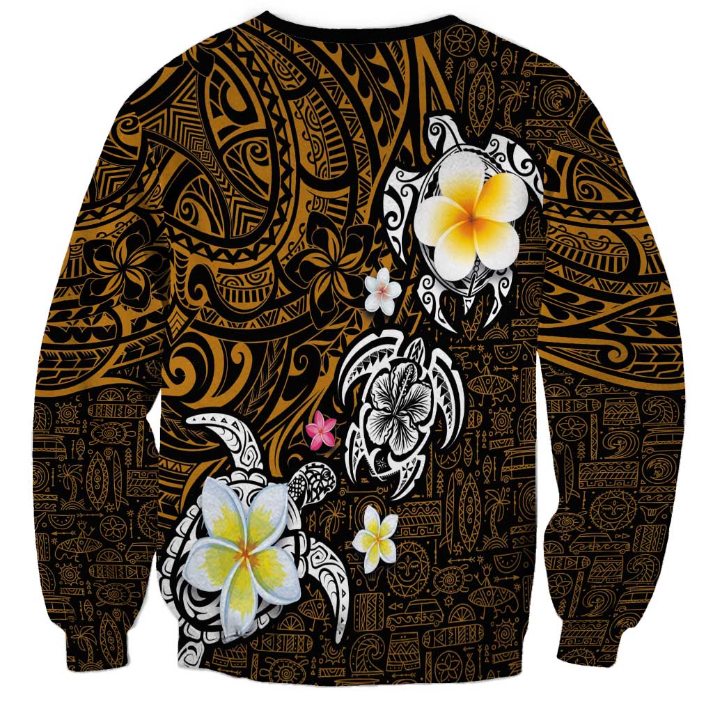 Hawaiian Turtle and Plumeria Sweatshirt Polynesian Tattoo and Tribal Elements Pattern Orange Color