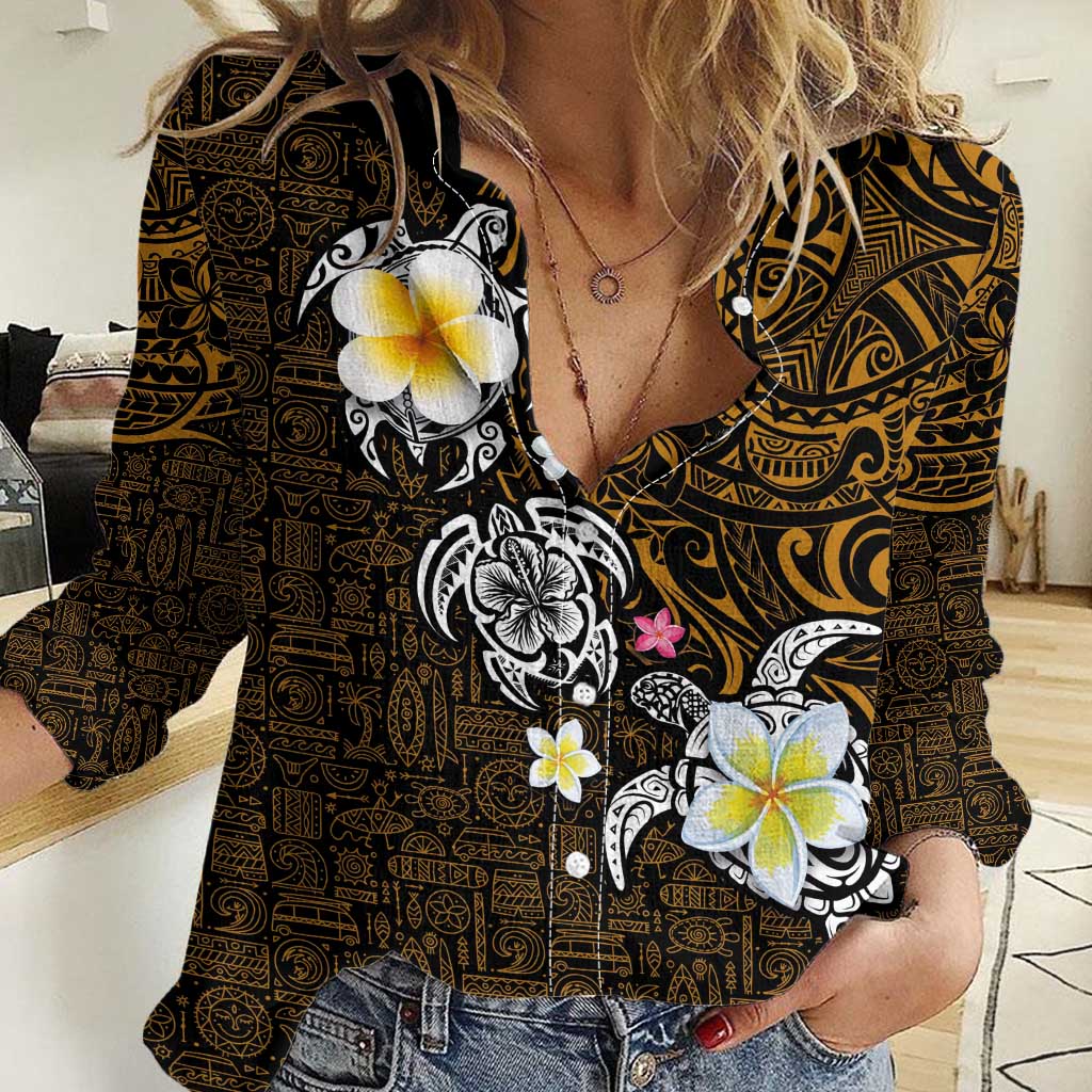 Hawaiian Turtle and Plumeria Women Casual Shirt Polynesian Tattoo and Tribal Elements Pattern Orange Color LT03 Female Orange - Polynesian Pride
