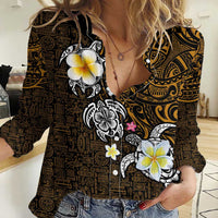 Hawaiian Turtle and Plumeria Women Casual Shirt Polynesian Tattoo and Tribal Elements Pattern Orange Color LT03 Female Orange - Polynesian Pride
