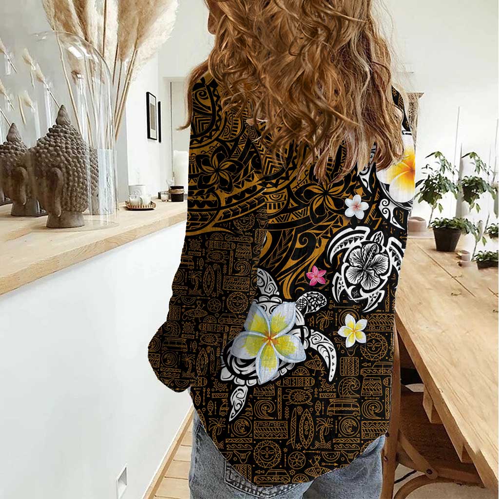 Hawaiian Turtle and Plumeria Women Casual Shirt Polynesian Tattoo and Tribal Elements Pattern Orange Color LT03 - Polynesian Pride