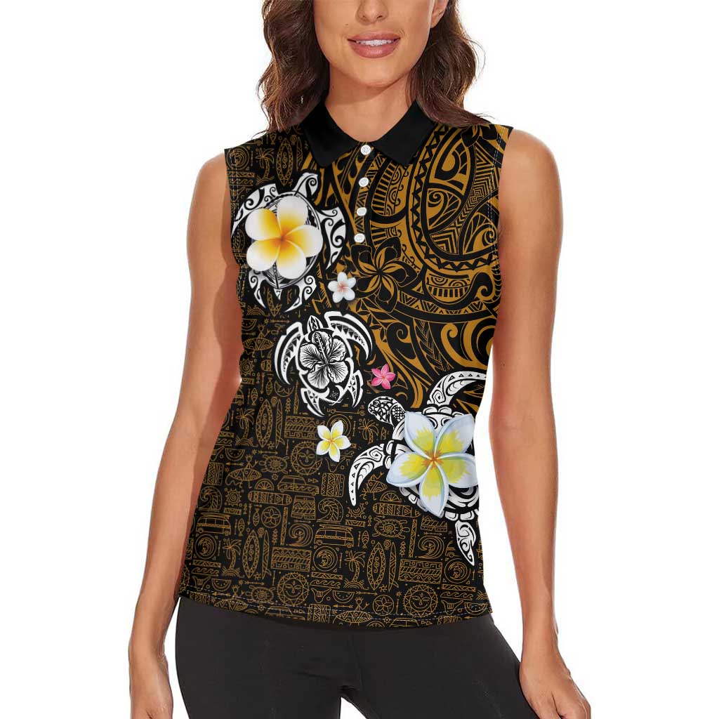 Hawaiian Turtle and Plumeria Women Sleeveless Polo Shirt Polynesian Tattoo and Tribal Elements Pattern Orange Color LT03 - Polynesian Pride