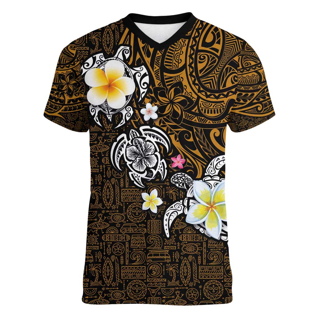 Hawaiian Turtle and Plumeria Women V-Neck T-Shirt Polynesian Tattoo and Tribal Elements Pattern Orange Color LT03 Female Orange - Polynesian Pride