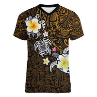 Hawaiian Turtle and Plumeria Women V-Neck T-Shirt Polynesian Tattoo and Tribal Elements Pattern Orange Color LT03 Female Orange - Polynesian Pride