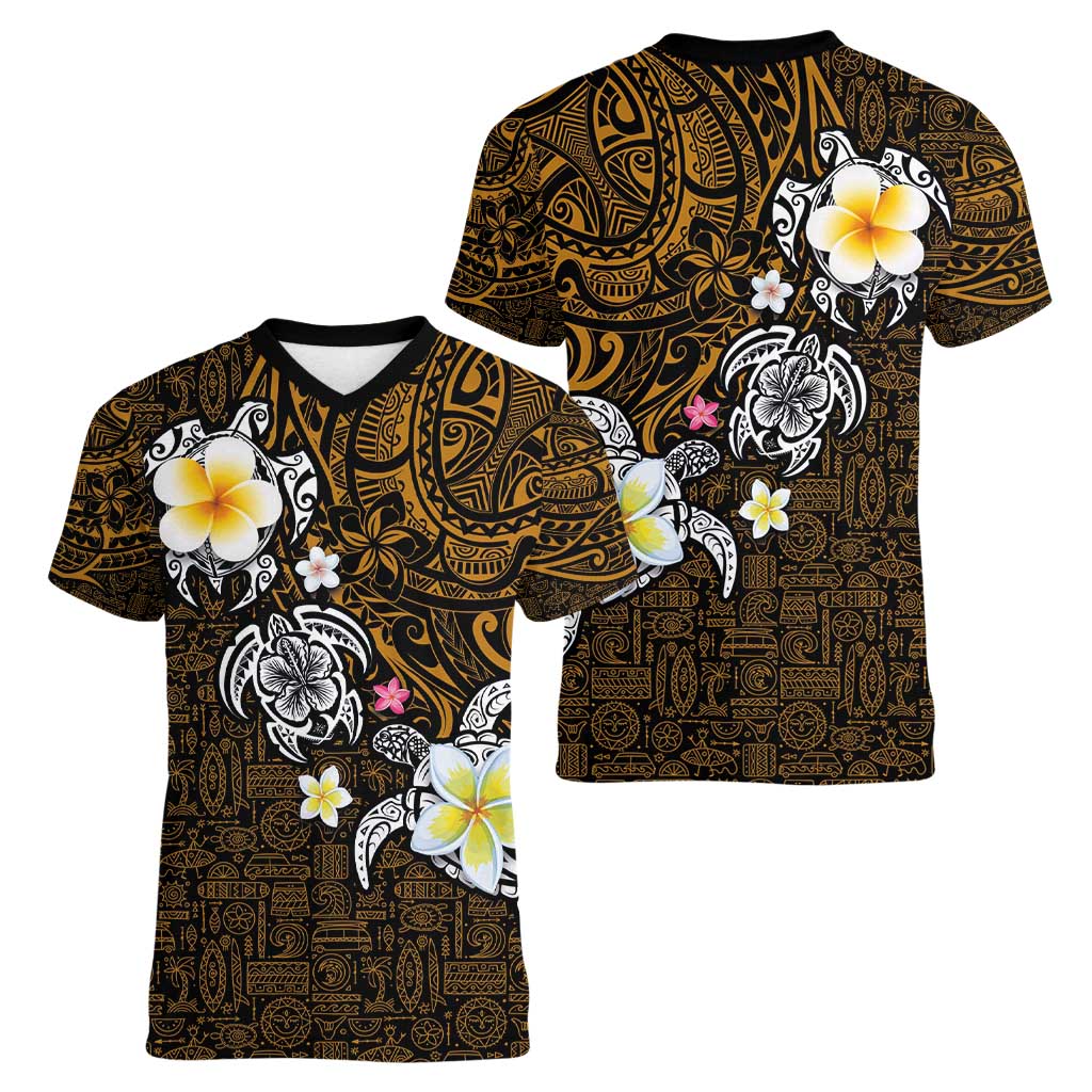 Hawaiian Turtle and Plumeria Women V-Neck T-Shirt Polynesian Tattoo and Tribal Elements Pattern Orange Color LT03 - Polynesian Pride