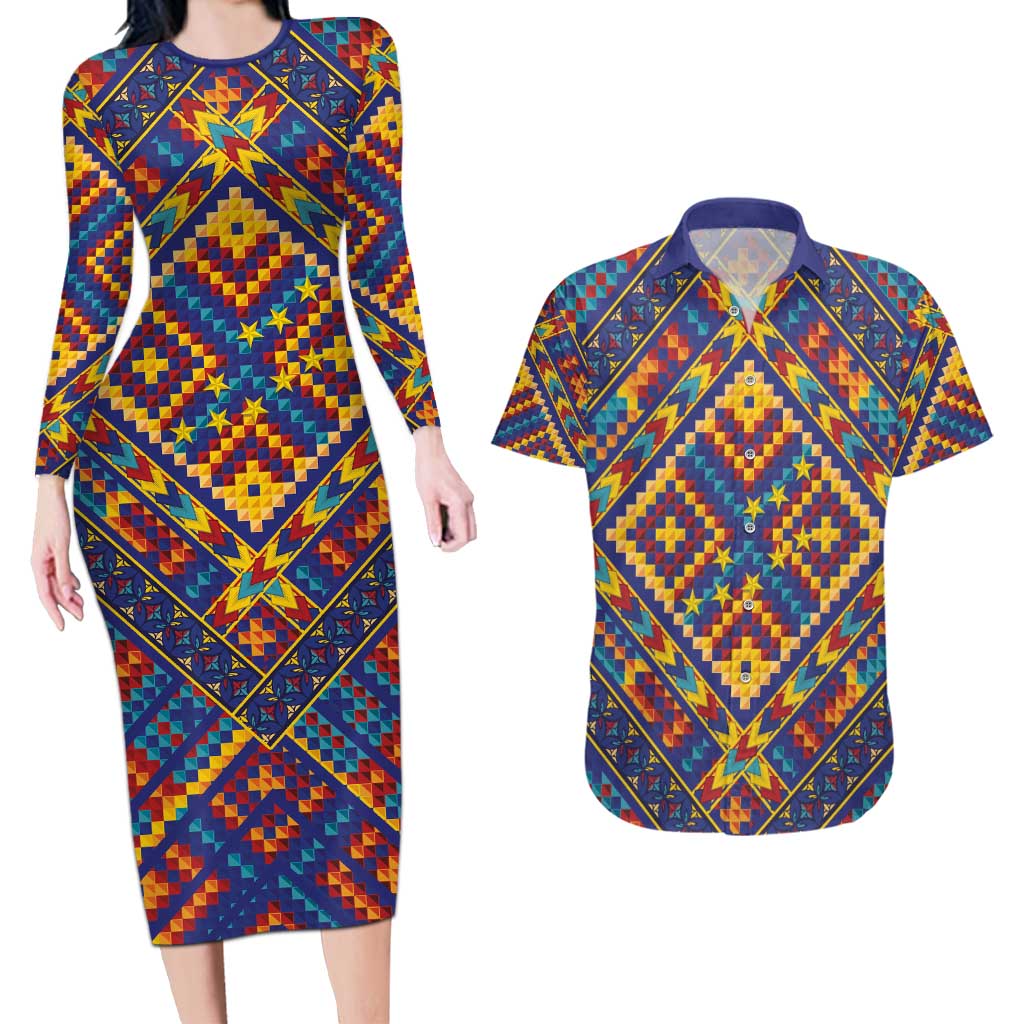 Kolose-Tuvalu Crochet Couples Matching Long Sleeve Bodycon Dress and Hawaiian Shirt with Polynesian and Pacific Tattoos LT03 Navy - Polynesian Pride