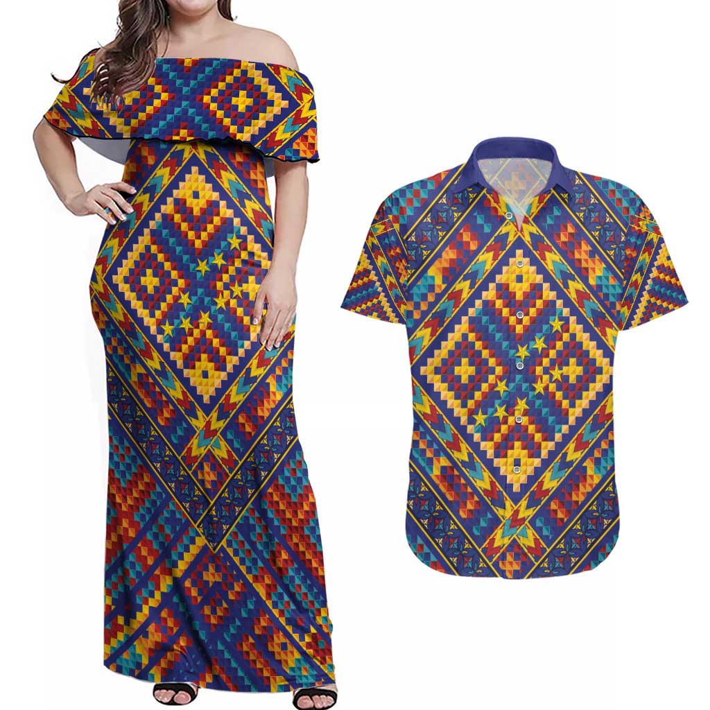 Kolose-Tuvalu Crochet Couples Matching Off Shoulder Maxi Dress and Hawaiian Shirt with Polynesian and Pacific Tattoos LT03 Navy - Polynesian Pride