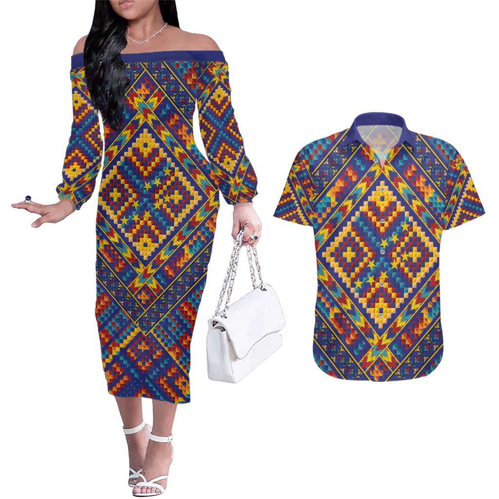 Kolose-Tuvalu Crochet Couples Matching Off The Shoulder Long Sleeve Dress and Hawaiian Shirt with Polynesian and Pacific Tattoos LT03 Navy - Polynesian Pride