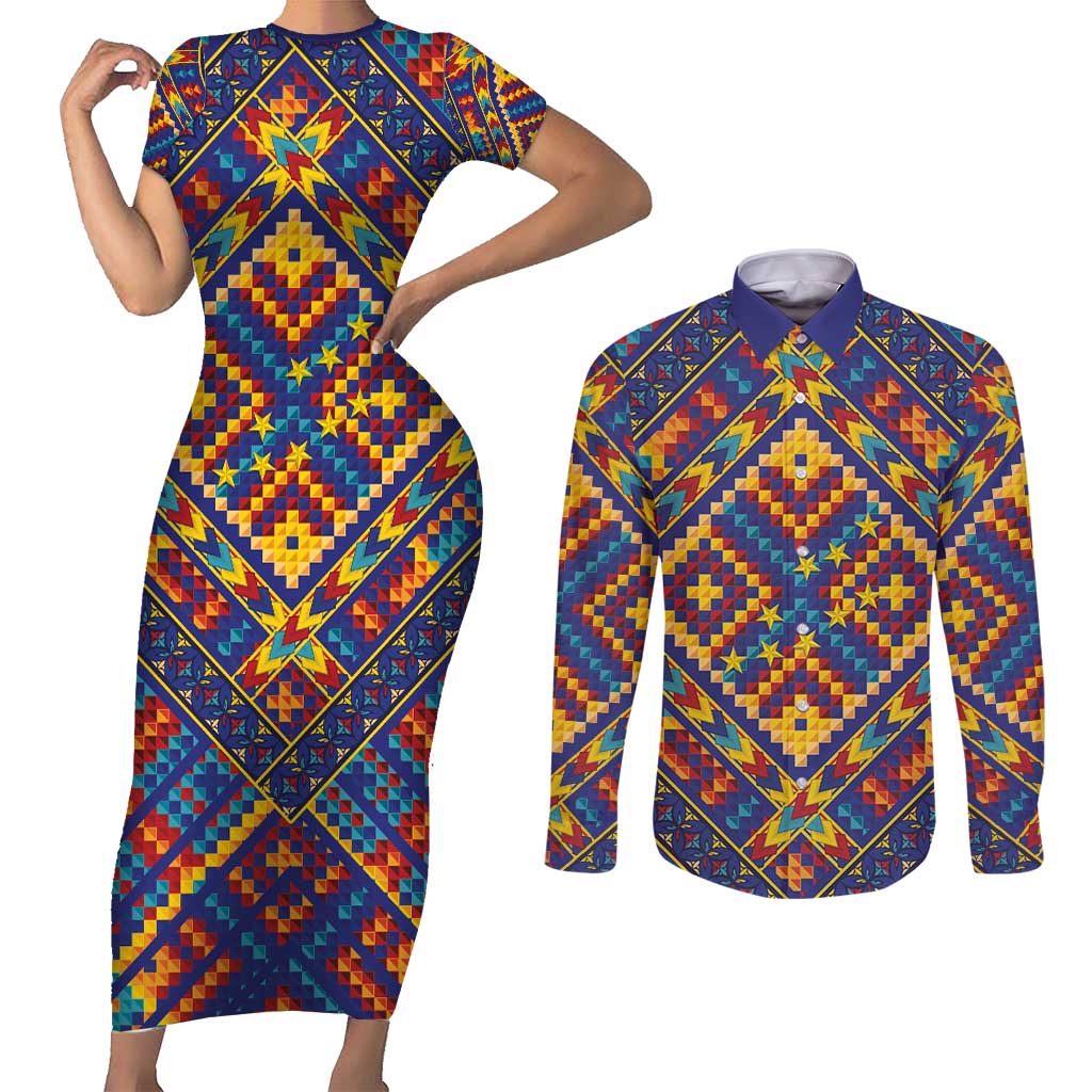Kolose-Tuvalu Crochet Couples Matching Short Sleeve Bodycon Dress and Long Sleeve Button Shirt with Polynesian and Pacific Tattoos LT03 Navy - Polynesian Pride