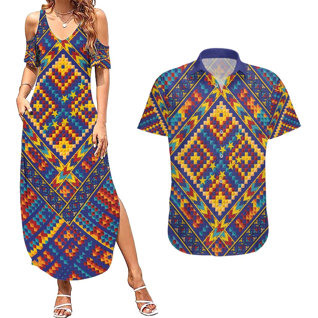 Kolose-Tuvalu Crochet Couples Matching Summer Maxi Dress and Hawaiian Shirt with Polynesian and Pacific Tattoos LT03 Navy - Polynesian Pride