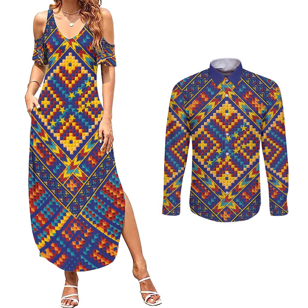 Kolose-Tuvalu Crochet Couples Matching Summer Maxi Dress and Long Sleeve Button Shirt with Polynesian and Pacific Tattoos - Polynesian Pride