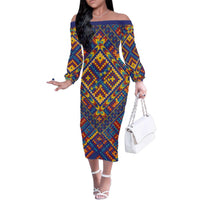 Kolose-Tuvalu Crochet Family Matching Off The Shoulder Long Sleeve Dress and Hawaiian Shirt with Polynesian and Pacific Tattoos LT03 Mom's Dress Navy - Polynesian Pride