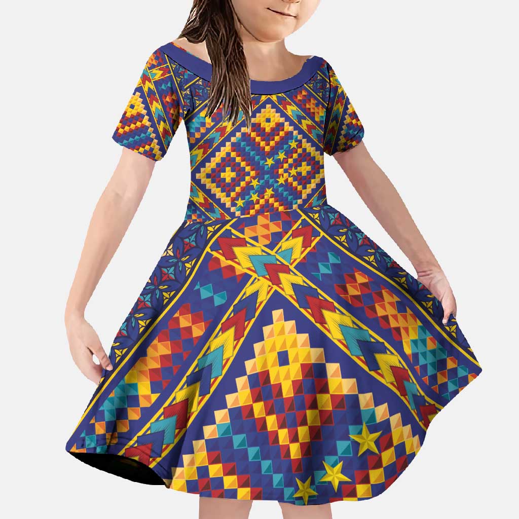 Kolose-Tuvalu Crochet Family Matching Off Shoulder Maxi Dress and Hawaiian Shirt with Polynesian and Pacific Tattoos LT03 Daughter's Dress Navy - Polynesian Pride