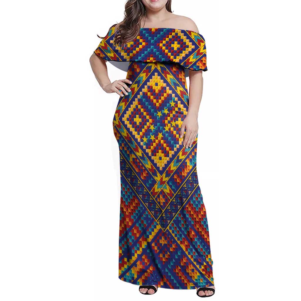 Kolose-Tuvalu Crochet Family Matching Off Shoulder Maxi Dress and Hawaiian Shirt with Polynesian and Pacific Tattoos LT03 Mom's Dress Navy - Polynesian Pride