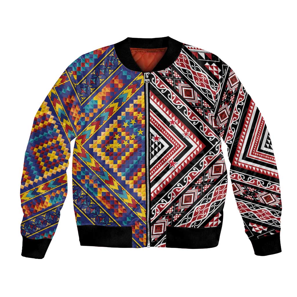 Tuvaluan and New Zealand Culture Bomber Jacket The Art of Kolose and Taniko LT03 Unisex Navy - Polynesian Pride