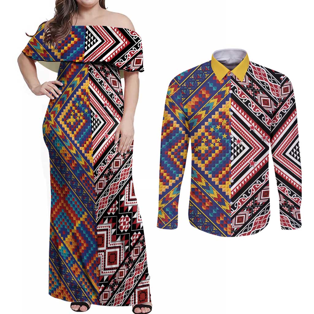 Tuvaluan and New Zealand Culture Couples Matching Off Shoulder Maxi Dress and Long Sleeve Button Shirt The Art of Kolose and Taniko LT03 Navy - Polynesian Pride
