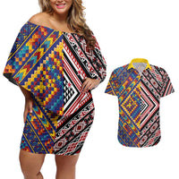 Tuvaluan and New Zealand Culture Couples Matching Off Shoulder Short Dress and Hawaiian Shirt The Art of Kolose and Taniko LT03 Navy - Polynesian Pride