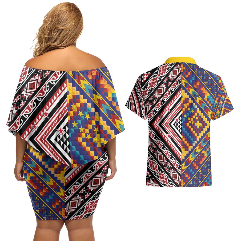 Tuvaluan and New Zealand Culture Couples Matching Off Shoulder Short Dress and Hawaiian Shirt The Art of Kolose and Taniko LT03 - Polynesian Pride