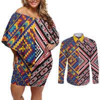 Tuvaluan and New Zealand Culture Couples Matching Off Shoulder Short Dress and Long Sleeve Button Shirt The Art of Kolose and Taniko LT03 Navy - Polynesian Pride
