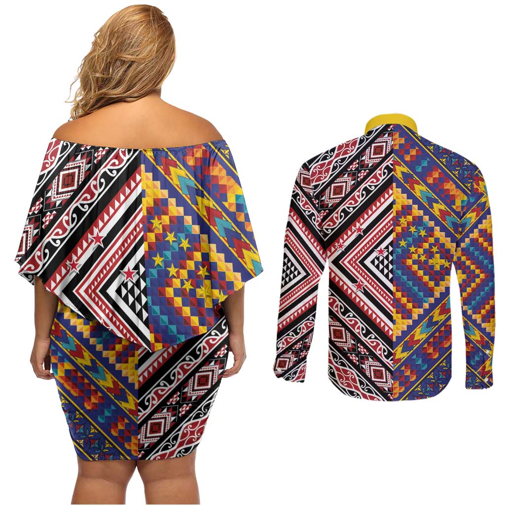 Tuvaluan and New Zealand Culture Couples Matching Off Shoulder Short Dress and Long Sleeve Button Shirt The Art of Kolose and Taniko LT03 - Polynesian Pride