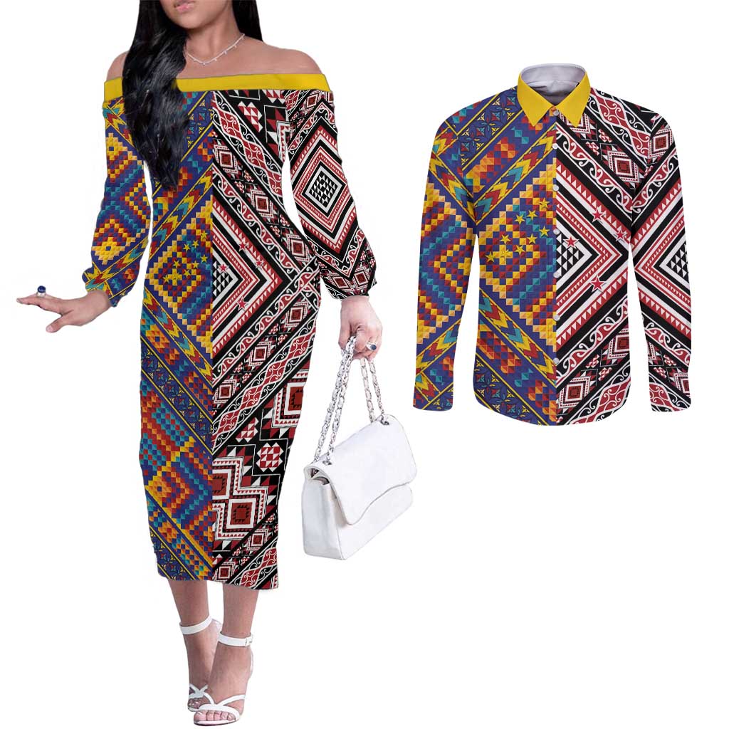 Tuvaluan and New Zealand Culture Couples Matching Off The Shoulder Long Sleeve Dress and Long Sleeve Button Shirt The Art of Kolose and Taniko LT03 Navy - Polynesian Pride