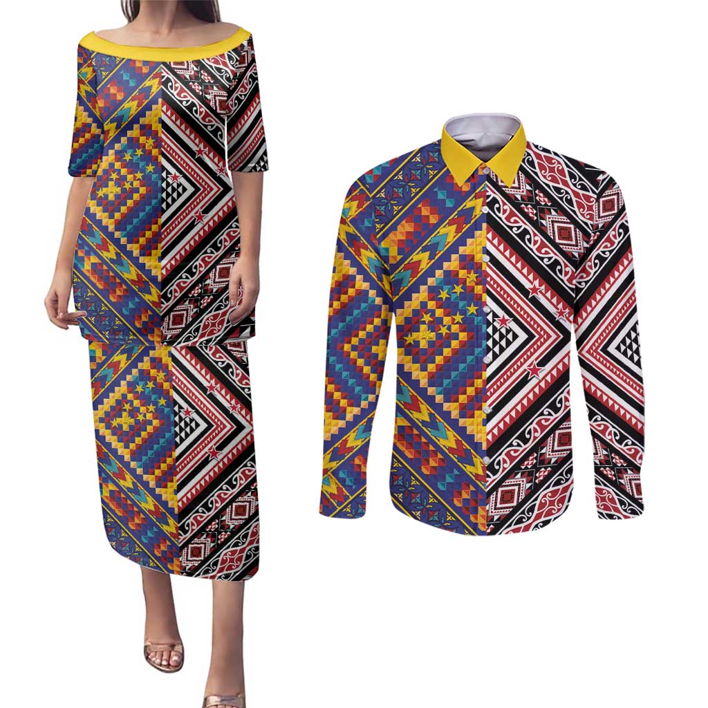 Tuvaluan and New Zealand Culture Couples Matching Puletasi and Long Sleeve Button Shirt The Art of Kolose and Taniko LT03 Navy - Polynesian Pride
