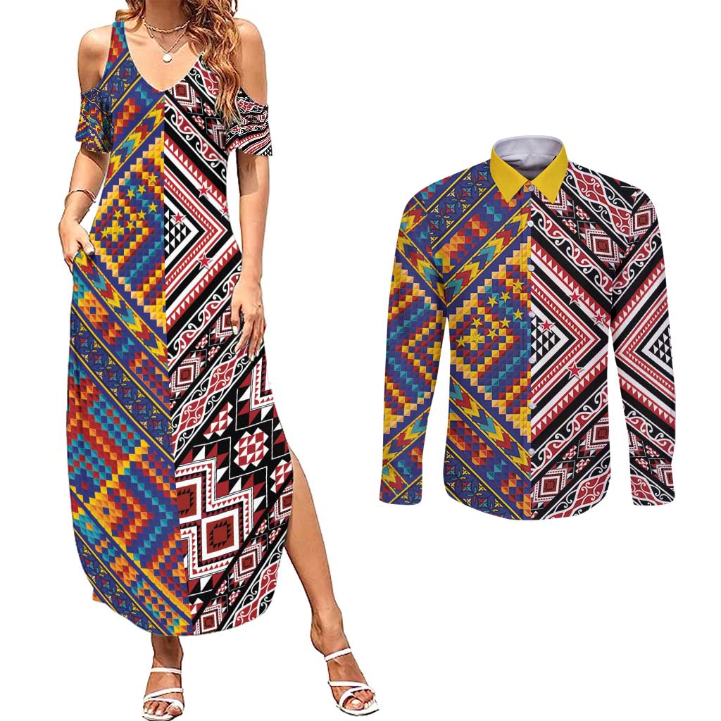 Tuvaluan and New Zealand Culture Couples Matching Summer Maxi Dress and Long Sleeve Button Shirt The Art of Kolose and Taniko - Polynesian Pride