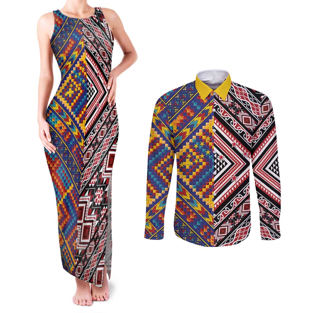Tuvaluan and New Zealand Culture Couples Matching Tank Maxi Dress and Long Sleeve Button Shirt The Art of Kolose and Taniko LT03 Navy - Polynesian Pride