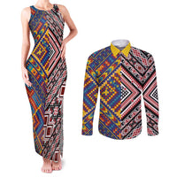 Tuvaluan and New Zealand Culture Couples Matching Tank Maxi Dress and Long Sleeve Button Shirt The Art of Kolose and Taniko LT03 Navy - Polynesian Pride